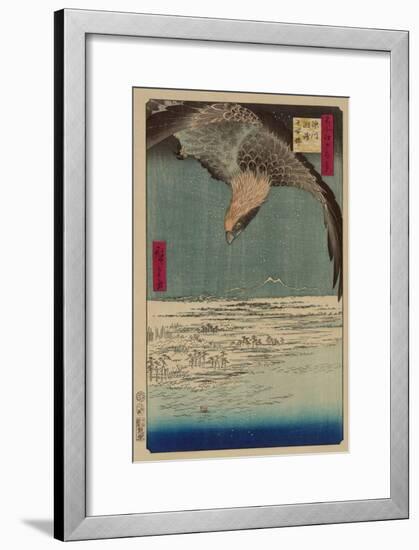 Hawk Flying Above a Snowy Landscape Along the Coastline.-Ando Hiroshige-Framed Art Print