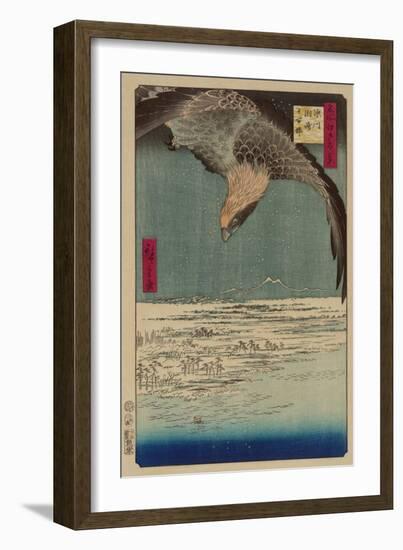 Hawk Flying Above a Snowy Landscape Along the Coastline.-Ando Hiroshige-Framed Art Print