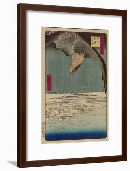 Hawk Flying Above a Snowy Landscape Along the Coastline.-Ando Hiroshige-Framed Art Print