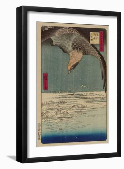 Hawk Flying Above a Snowy Landscape Along the Coastline.-Ando Hiroshige-Framed Art Print