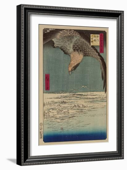 Hawk Flying Above a Snowy Landscape Along the Coastline.-Ando Hiroshige-Framed Art Print