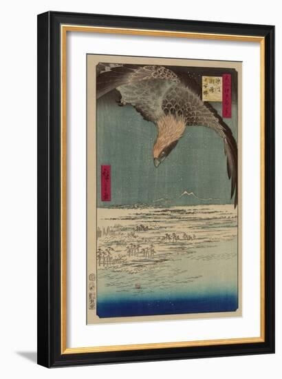 Hawk Flying Above a Snowy Landscape Along the Coastline.-Ando Hiroshige-Framed Art Print