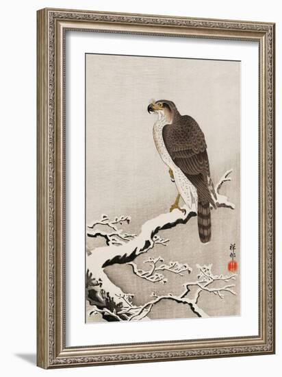 Hawk on Snow-Covered Branch-Koson Ohara-Framed Giclee Print