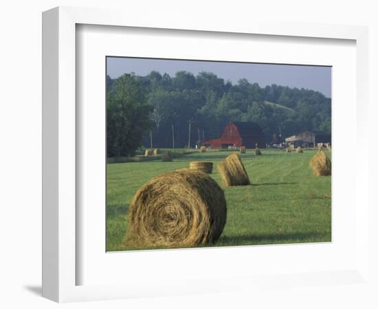 Hay Bales and Red Barn, Greenup, Kentucky, USA-Adam Jones-Framed Photographic Print