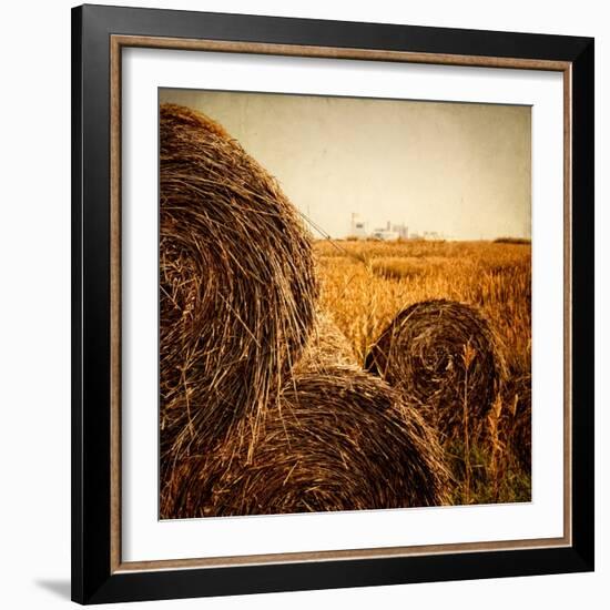 Hay Bales in the Countryside with Industry in the Background-Luis Beltran-Framed Photographic Print