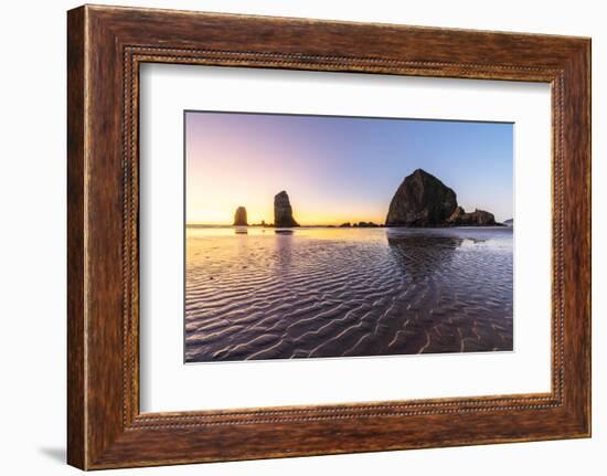 Haystack Rock and The Needles at sunset, with textured sand in the foreground-francesco vaninetti-Framed Photographic Print