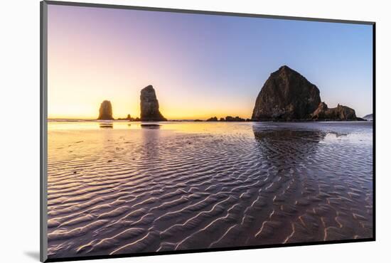 Haystack Rock and The Needles at sunset, with textured sand in the foreground-francesco vaninetti-Mounted Photographic Print