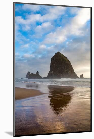 Haystack Rock reflected on the shoreline at Cannon Beach on the Pacific Northwest coast, Oregon, Un-Martin Child-Mounted Photographic Print