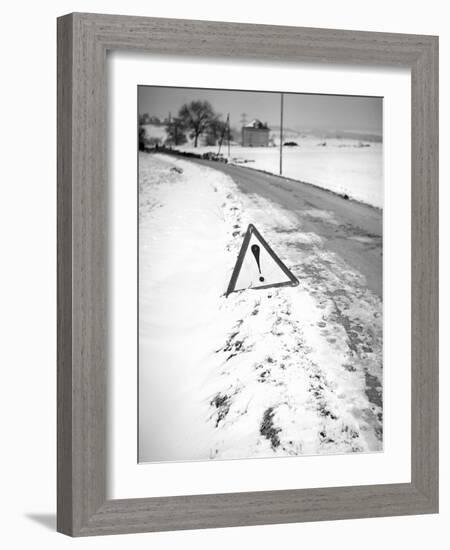 Hazard Road Marker along Snowy Road in Europe, Ca. 1935.-Kirn Vintage Stock-Framed Photographic Print