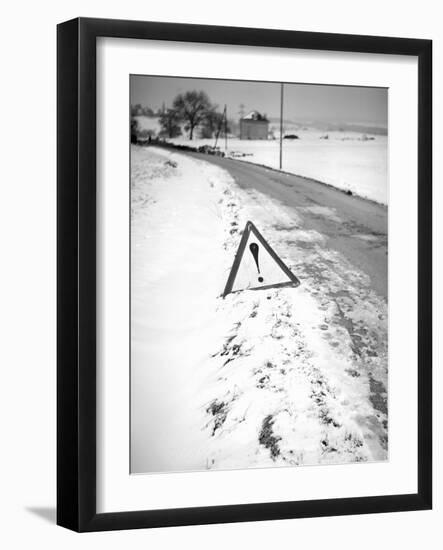 Hazard Road Marker along Snowy Road in Europe, Ca. 1935.-Kirn Vintage Stock-Framed Photographic Print