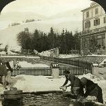 Women Washing Clothes at the Public Fountain in Midwinter, Zuoz, Switzerland-HC White-Photographic Print