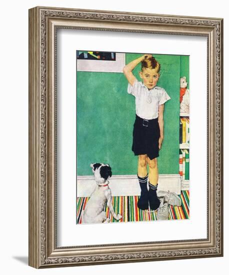 He’s Going to Be Taller Than Dad (or Boy Measuring Himself on Wall)-Norman Rockwell-Framed Giclee Print