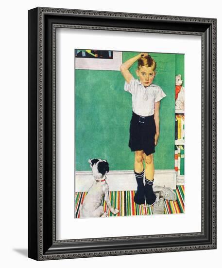 He’s Going to Be Taller Than Dad (or Boy Measuring Himself on Wall)-Norman Rockwell-Framed Giclee Print