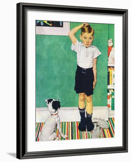 He’s Going to Be Taller Than Dad (or Boy Measuring Himself on Wall)-Norman Rockwell-Framed Giclee Print