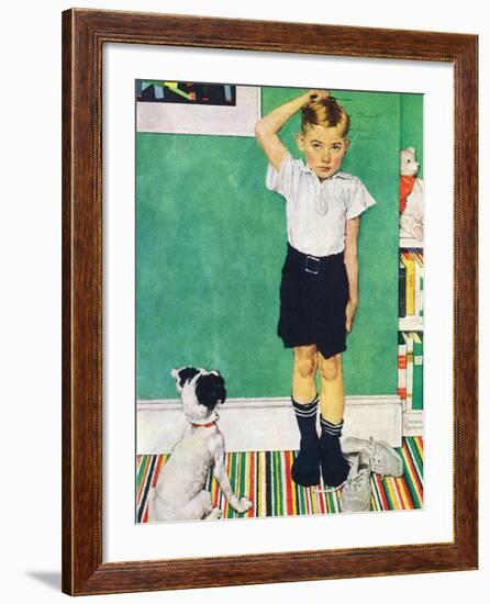 He’s Going to Be Taller Than Dad (or Boy Measuring Himself on Wall)-Norman Rockwell-Framed Giclee Print