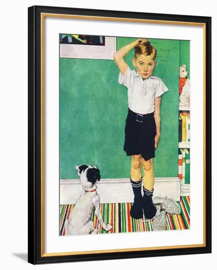 He’s Going to Be Taller Than Dad (or Boy Measuring Himself on Wall)-Norman Rockwell-Framed Giclee Print