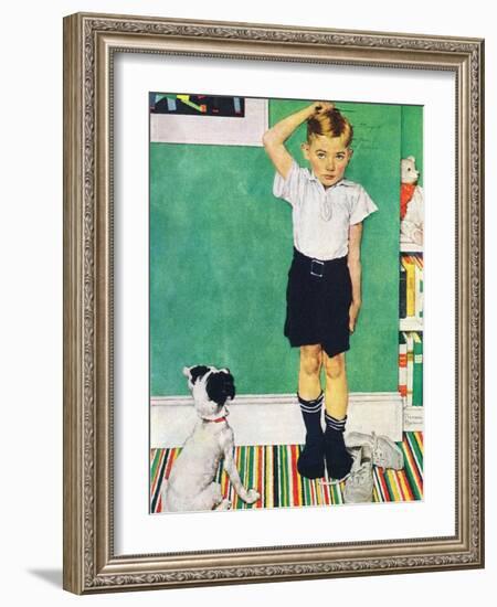 He’s Going to Be Taller Than Dad (or Boy Measuring Himself on Wall)-Norman Rockwell-Framed Giclee Print