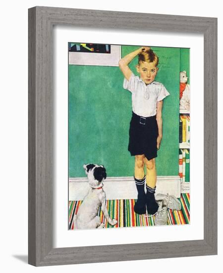 He’s Going to Be Taller Than Dad (or Boy Measuring Himself on Wall)-Norman Rockwell-Framed Giclee Print