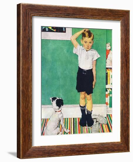 He’s Going to Be Taller Than Dad (or Boy Measuring Himself on Wall)-Norman Rockwell-Framed Giclee Print