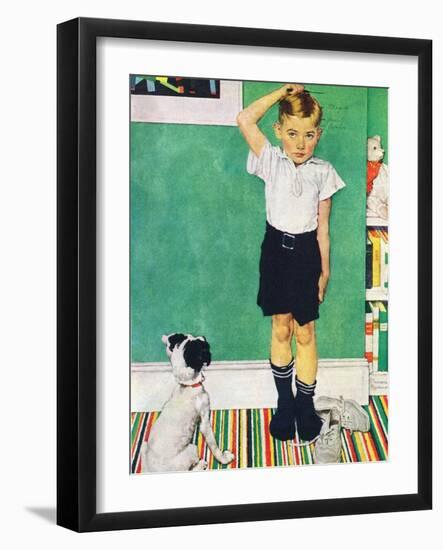 He’s Going to Be Taller Than Dad (or Boy Measuring Himself on Wall)-Norman Rockwell-Framed Giclee Print
