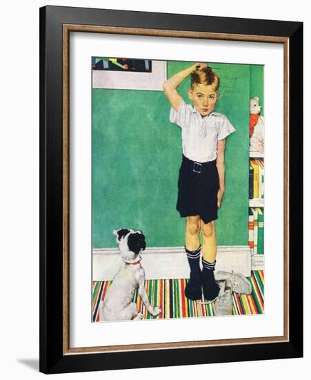 He’s Going to Be Taller Than Dad (or Boy Measuring Himself on Wall)-Norman Rockwell-Framed Giclee Print