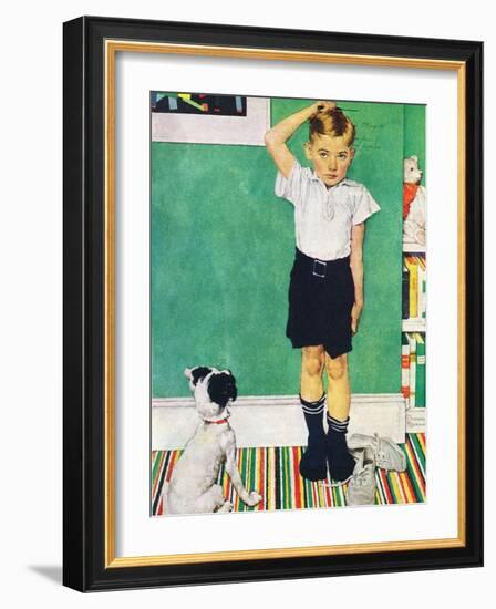 He’s Going to Be Taller Than Dad (or Boy Measuring Himself on Wall)-Norman Rockwell-Framed Giclee Print