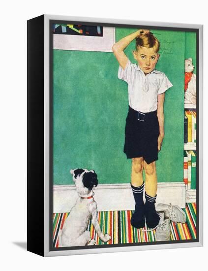 He’s Going to Be Taller Than Dad (or Boy Measuring Himself on Wall)-Norman Rockwell-Framed Premier Image Canvas