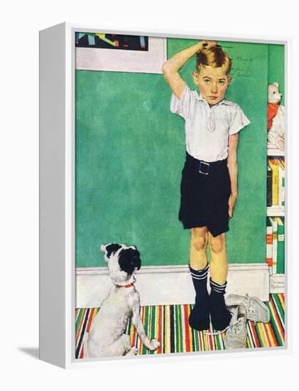 He’s Going to Be Taller Than Dad (or Boy Measuring Himself on Wall)-Norman Rockwell-Framed Premier Image Canvas