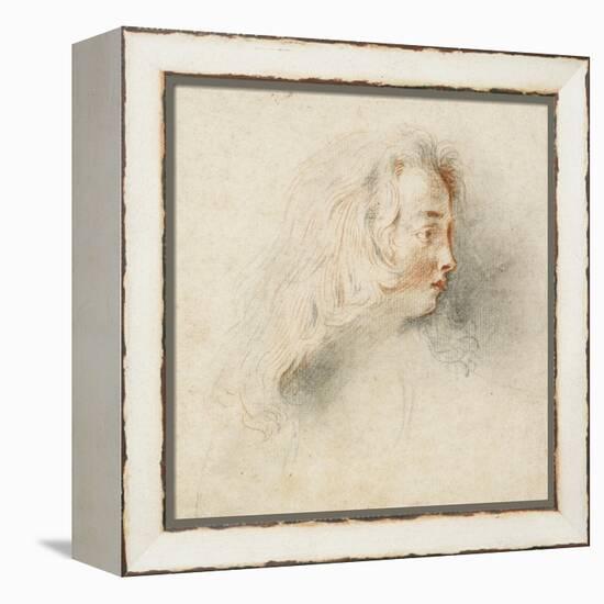 Head of a Boy in Profile (Black & Red Chalk on Stained Off-White Paper)-Jean Antoine Watteau-Framed Premier Image Canvas