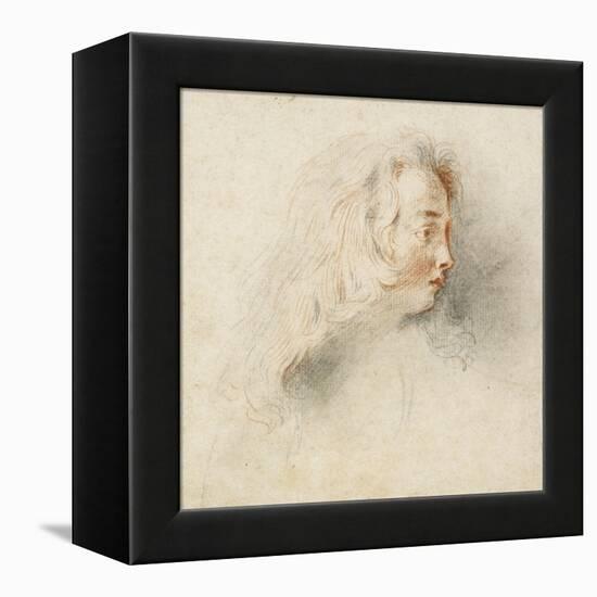 Head of a Boy in Profile (Black & Red Chalk on Stained Off-White Paper)-Jean Antoine Watteau-Framed Premier Image Canvas