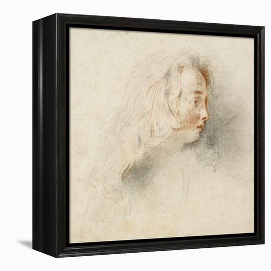 Head of a Boy in Profile (Black & Red Chalk on Stained Off-White Paper)-Jean Antoine Watteau-Framed Premier Image Canvas