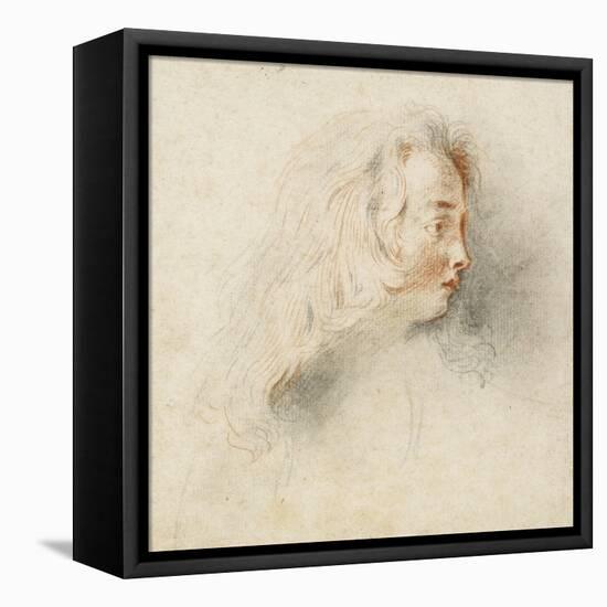 Head of a Boy in Profile (Black & Red Chalk on Stained Off-White Paper)-Jean Antoine Watteau-Framed Premier Image Canvas