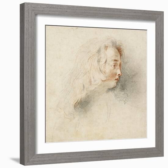 Head of a Boy in Profile (Black & Red Chalk on Stained Off-White Paper)-Jean Antoine Watteau-Framed Giclee Print