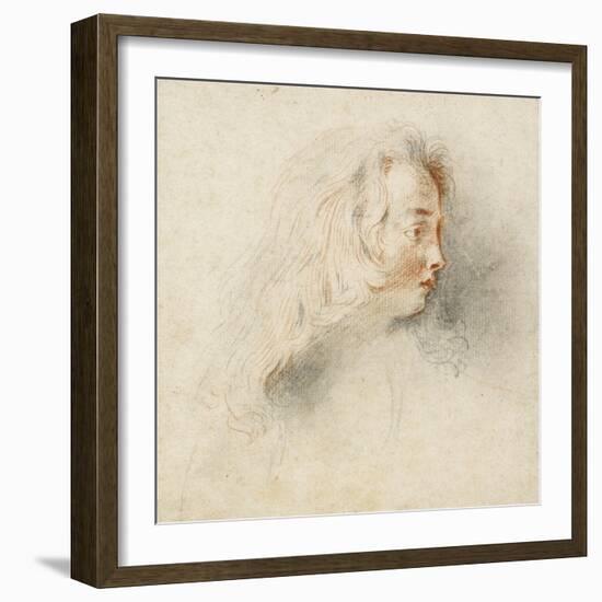 Head of a Boy in Profile (Black & Red Chalk on Stained Off-White Paper)-Jean Antoine Watteau-Framed Giclee Print