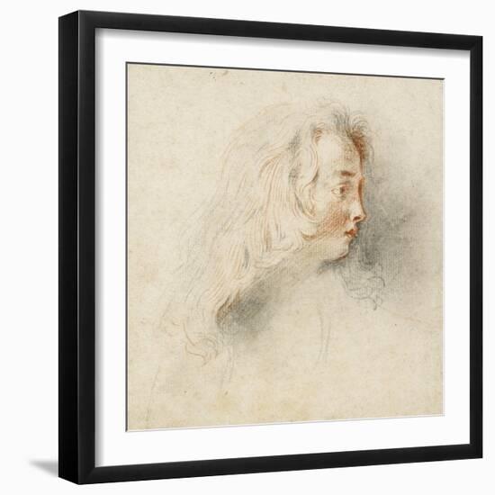 Head of a Boy in Profile (Black & Red Chalk on Stained Off-White Paper)-Jean Antoine Watteau-Framed Giclee Print