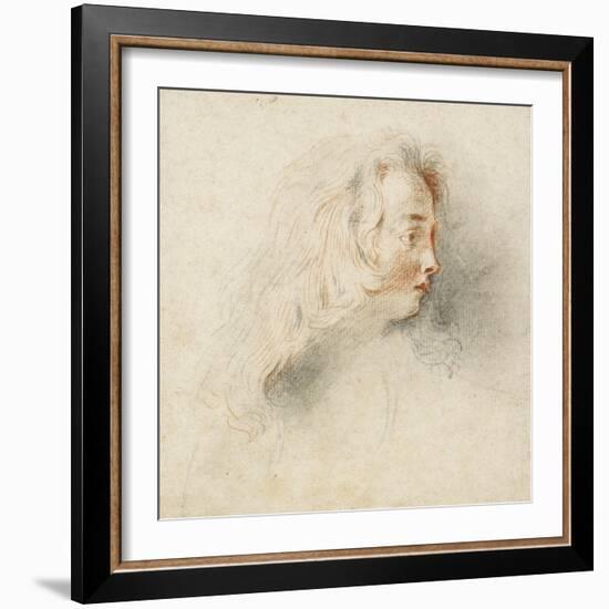 Head of a Boy in Profile (Black & Red Chalk on Stained Off-White Paper)-Jean Antoine Watteau-Framed Giclee Print