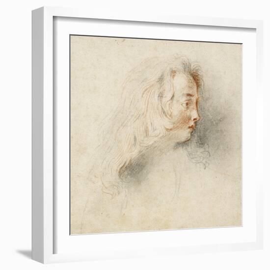 Head of a Boy in Profile (Black & Red Chalk on Stained Off-White Paper)-Jean Antoine Watteau-Framed Giclee Print