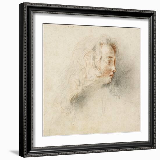 Head of a Boy in Profile (Black & Red Chalk on Stained Off-White Paper)-Jean Antoine Watteau-Framed Giclee Print