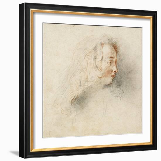 Head of a Boy in Profile (Black & Red Chalk on Stained Off-White Paper)-Jean Antoine Watteau-Framed Giclee Print