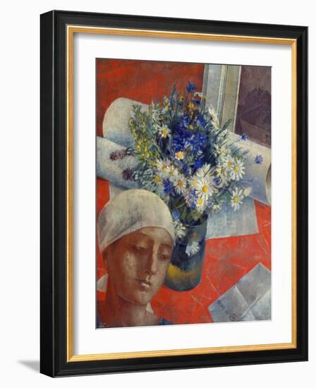 Head of a Woman and a Vase of Flowers, 1921-Kosjma Ssergej Petroff-Wodkin-Framed Giclee Print