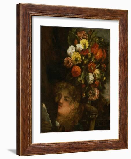 Head of a Woman and Flowers, 1871 (Oil on Canvas)-Gustave Courbet-Framed Giclee Print