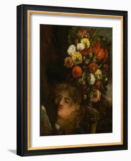 Head of a Woman and Flowers, 1871 (Oil on Canvas)-Gustave Courbet-Framed Giclee Print