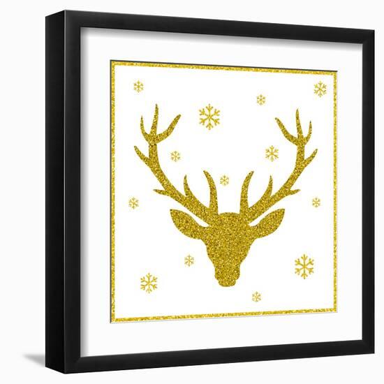 Head of Deer with Big Horns. Trendy Gold Glitter Texture.-Farferros-Framed Art Print