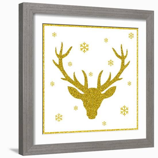 Head of Deer with Big Horns. Trendy Gold Glitter Texture.-Farferros-Framed Art Print