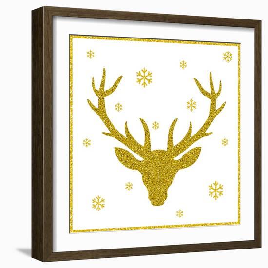 Head of Deer with Big Horns. Trendy Gold Glitter Texture.-Farferros-Framed Art Print