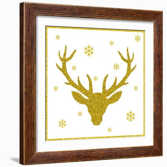 Head of Deer with Big Horns. Trendy Gold Glitter Texture.-Farferros-Framed Art Print