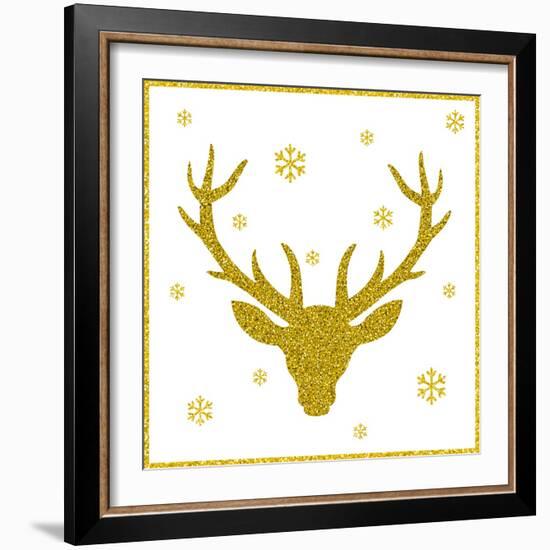 Head of Deer with Big Horns. Trendy Gold Glitter Texture.-Farferros-Framed Art Print