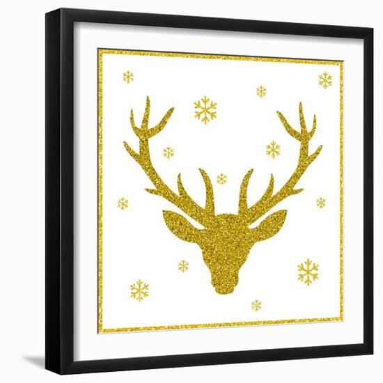 Head of Deer with Big Horns. Trendy Gold Glitter Texture.-Farferros-Framed Art Print