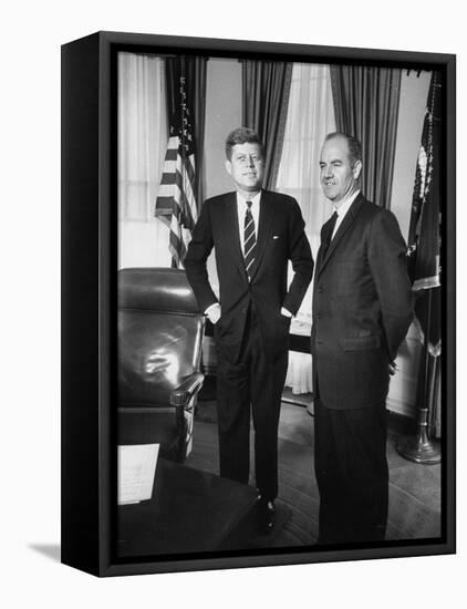 Head of 'Food for Peace' Program George S. Mcgovern with Pres. John F. Kennedy at White House-null-Framed Premier Image Canvas