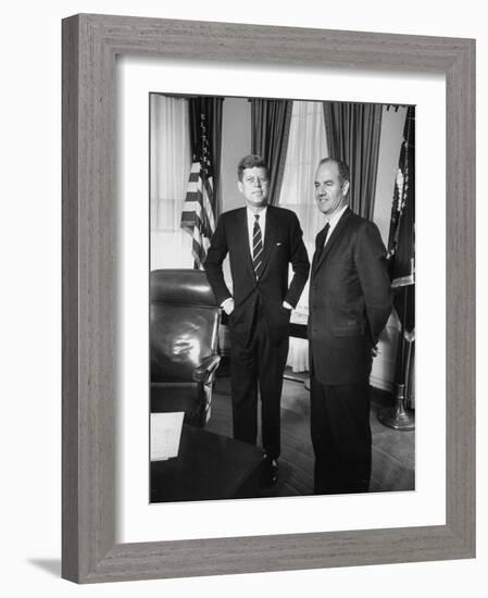 Head of 'Food for Peace' Program George S. Mcgovern with Pres. John F. Kennedy at White House-null-Framed Photographic Print